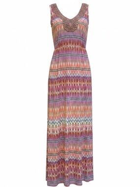 SONOMA LIFE + STYLE Colorful Southwestern Beaded Maxi Dress ORG BUR TAN SZ M